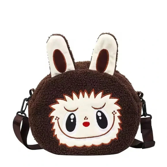 Labubu Inspired Brown Zimomo Theme Fuzzy Crossbody Handbag Purse Character - Picture 6 of 10